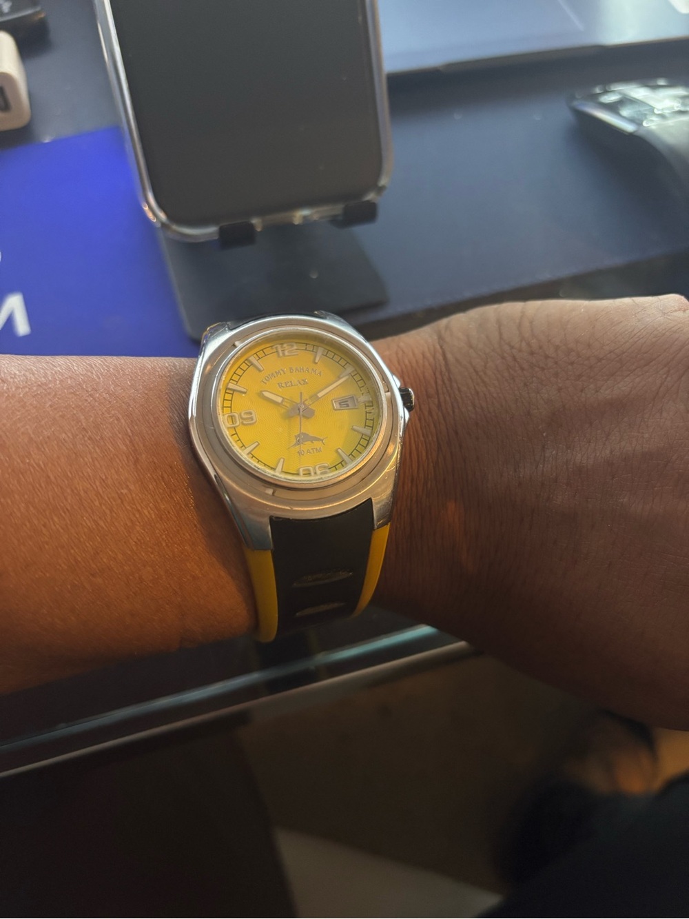 Tommy Bahama Yellow Dial Stainless Sport Watch with Black/Yellow Strap
